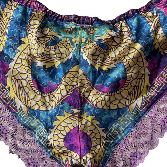 Womens Size L Silky Dragon Print Lingerie Racer Back Lace Trim Cami & Shorts Set - Picture 10 of 15